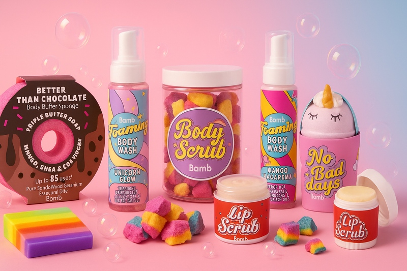 bath bomb naturale, spugna saponosa e scrub corpo